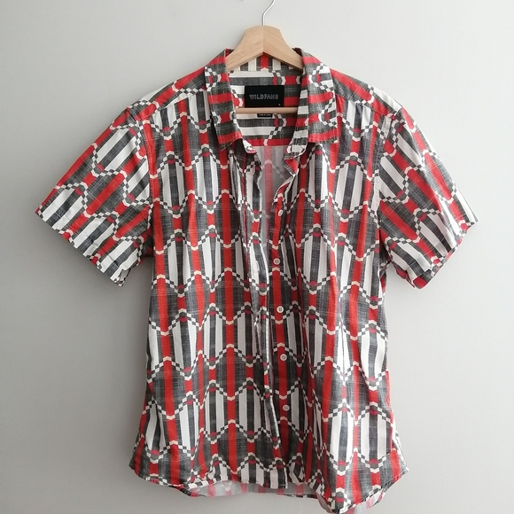 Wildfang Woman's Essential Short Sleeve Button Up Red Gray White Geometric XL - Picture 2 of 16